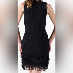 Elegant Black Sleeveless fringe stretch knit Dress size L